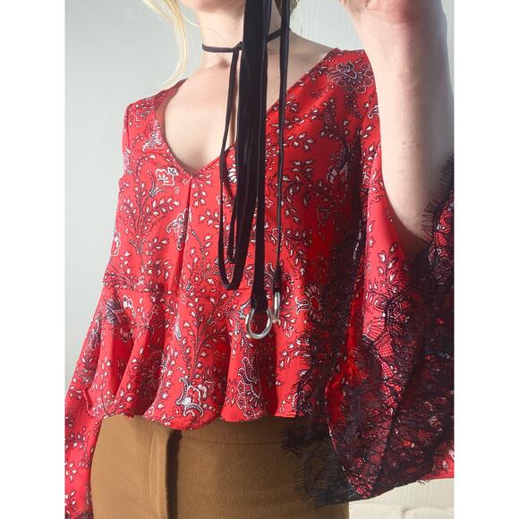 CINQ A SEPT "Jemma" Silk Red Paisley Long Sleeve Cropped Blouse NWT US XS - Picture 8 of 15